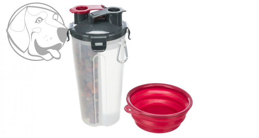 Cestovní zásobník na vodu a krmivo, včetně misky, 2 × 0.35 l/ø11 × 23 cm