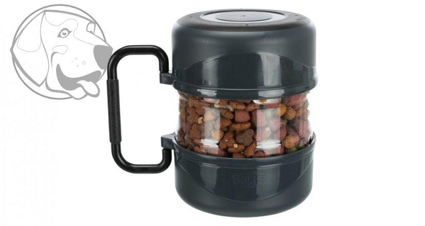 Cestovní plastový zásobník na krmivo 2l + 2 misky á 0,75l