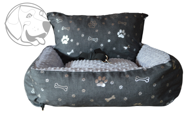 Autosedačka pro psa - šedá s lesklými packami / šedá minka - Velikost autosedačky: 50 cm x 50 cm