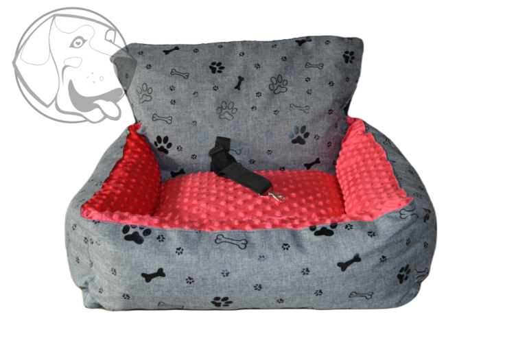 Autosedačka pro psa - šedá s černými packami / růžová minka - Velikost autosedačky: 80 cm x 50 cm