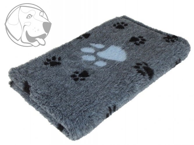 Originál VetBed deka pro psa šedá motiv modré -černé tlapky, protiskluzová  150 cm x 100 cm