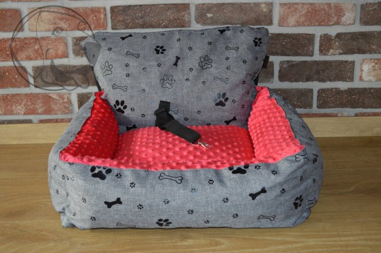 Autosedačka pro psa - šedá s černými packami / růžová minka - Velikost autosedačky: 80 cm x 50 cm