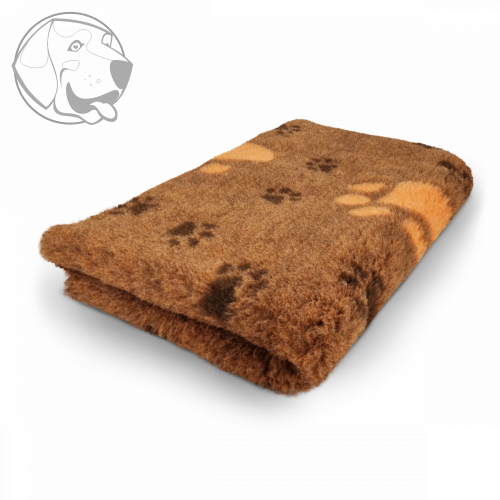 Originál VetBed deka pro psa, hnědá- protiskluzová, motiv tlapky oranžová/ hnědá 100 cm x 75 cm