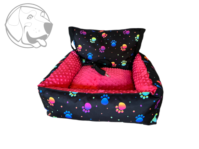 Autosedačka pro psa - barevné packy/ červená minka - Velikost autosedačky: 50 cm x 50 cm